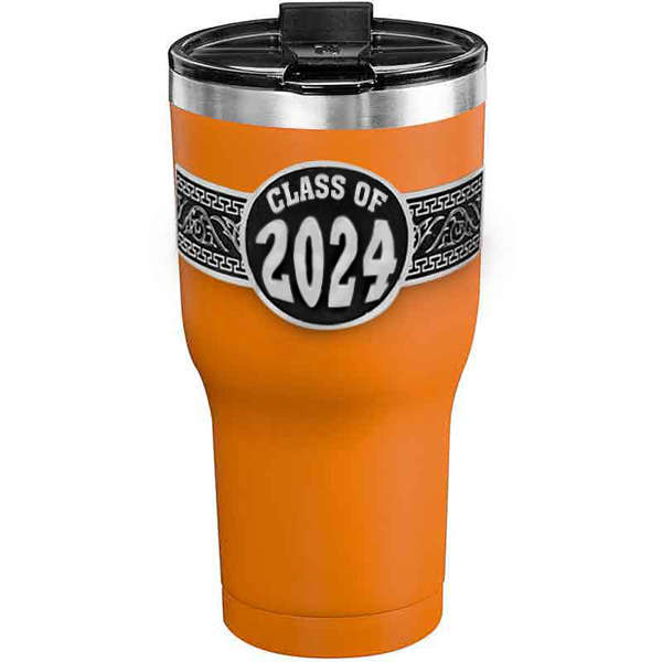 A customized tumbler made of stainless steel with a personalized engraved Class of 2024 lettering, 30 oz, ideal for coffee or cool drinks